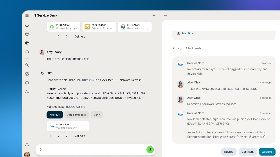 ServiceNow Otto nel servizio di assistenza IT in cui si vede un ticket di rinnovo hardware bloccato, completo di registro delle attività e azioni di approvazione.