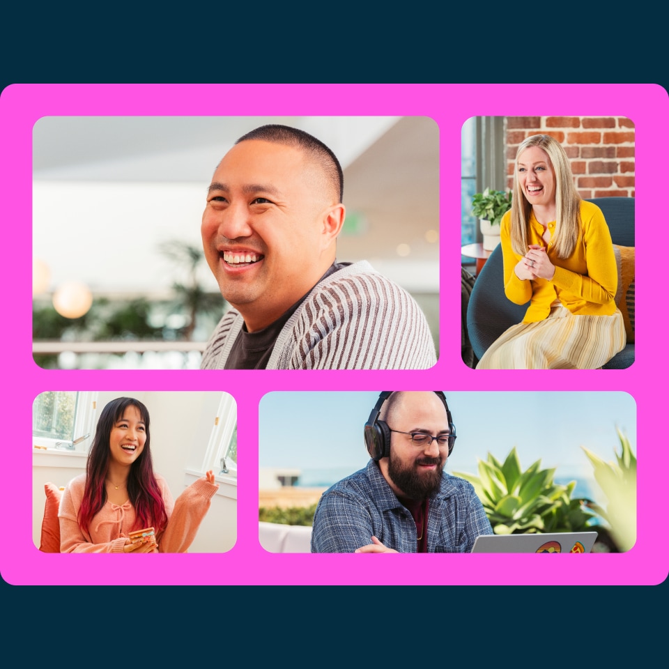 Four images of people who are smiling and working.