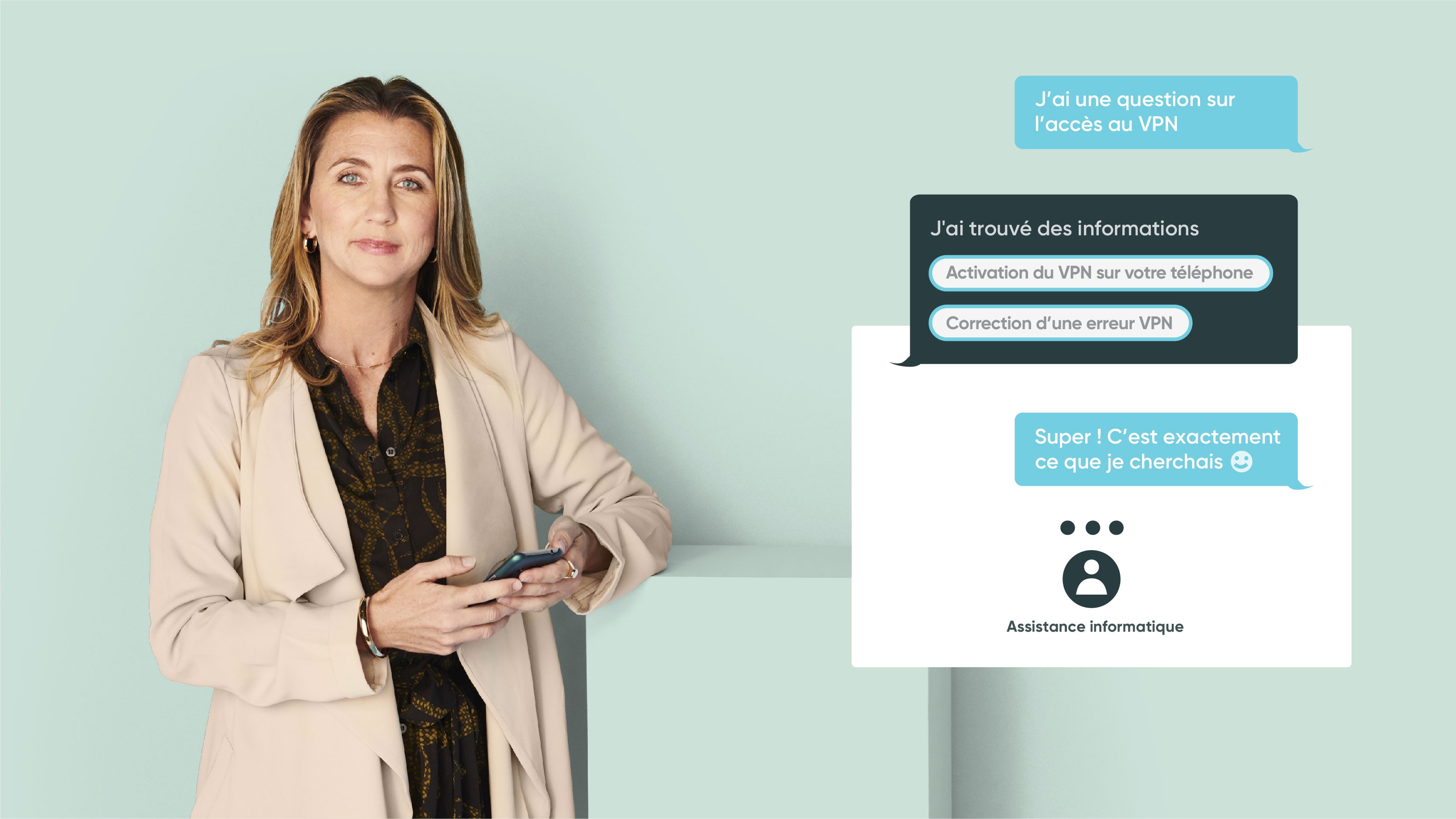 An employee in the office solves a VPN access issue using a self-service portal.