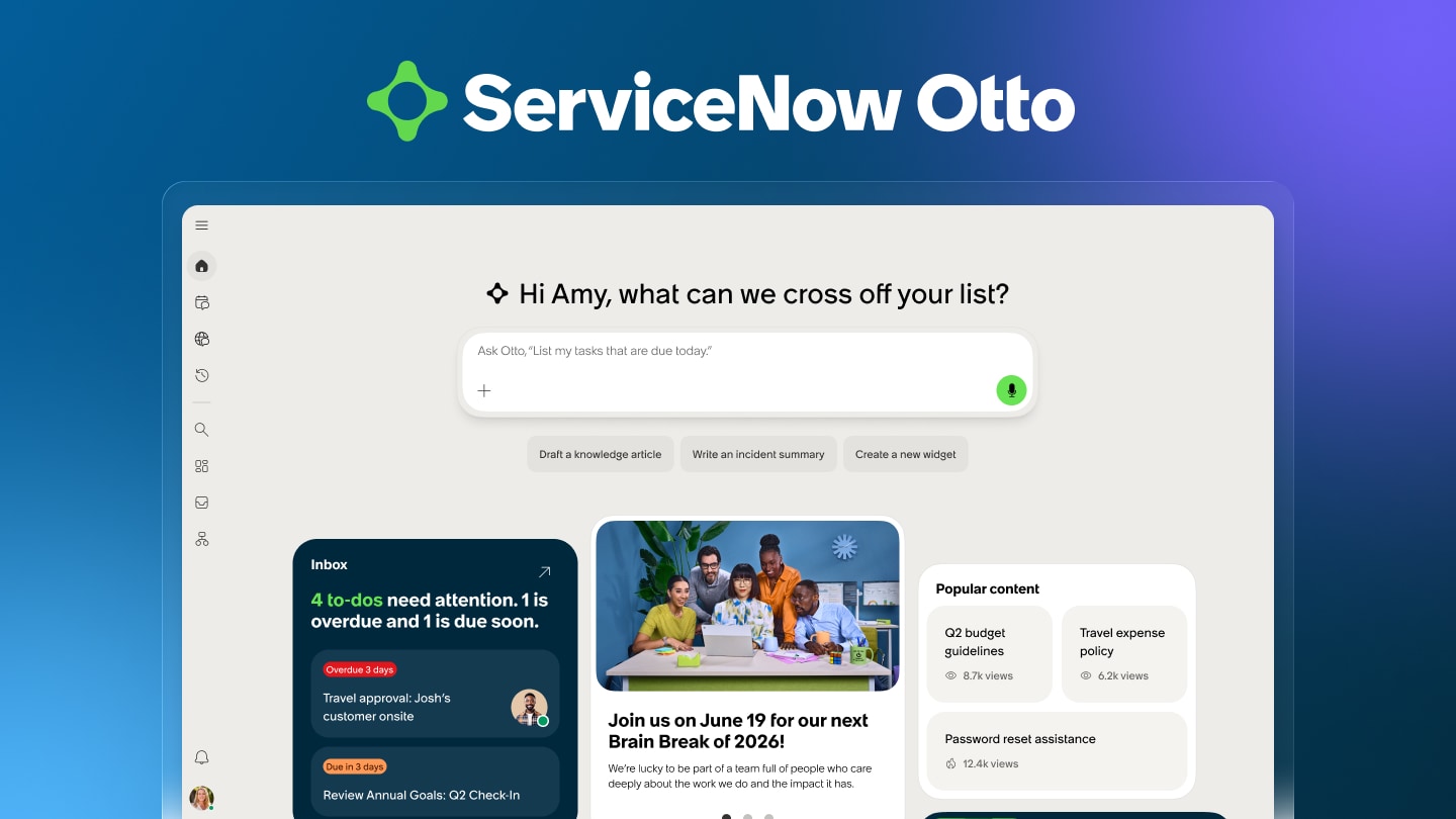 ServiceNow Otto home screen with search prompt, inbox with 4 to-dos, and popular content cards.