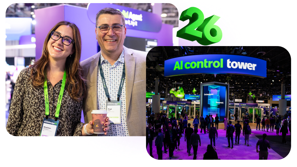 Two images, on of people attending Knowledge 2026 and another showing a two people Knowledge 2026 playground booth.