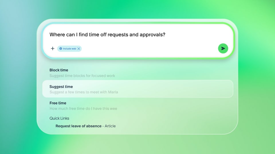 ServiceNow Otto displaying resource results for time off requests, budget approvals, and training approvals.