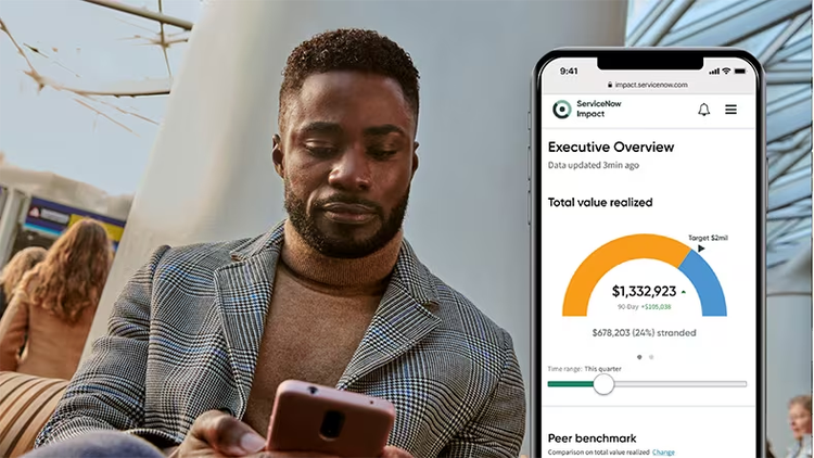A businessman monitors digital transformation on his cellphone.