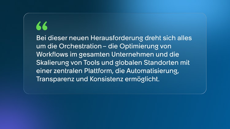 Bei dieser neuen Herausforderung dreht sich alles um die Orchestration – die Optimierung von Workflows im gesamten Unternehmen und die Skalierung von Tools und globalen Standorten mit einer zentralen Plattform, die Automatisierung, Transparenz und Konsistenz ermöglicht.