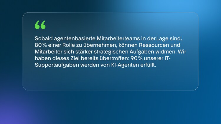 Sobald agentenbasierte Mitarbeiterteams in der Lage sind, 80 % einer Rolle zu übernehmen, können Ressourcen und Mitarbeiter sich stärker strategischen Aufgaben widmen. Wir haben dieses Ziel bereits übertroffen: 90 % unserer IT-Supportaufgaben werden von KI-Agenten erfüllt.