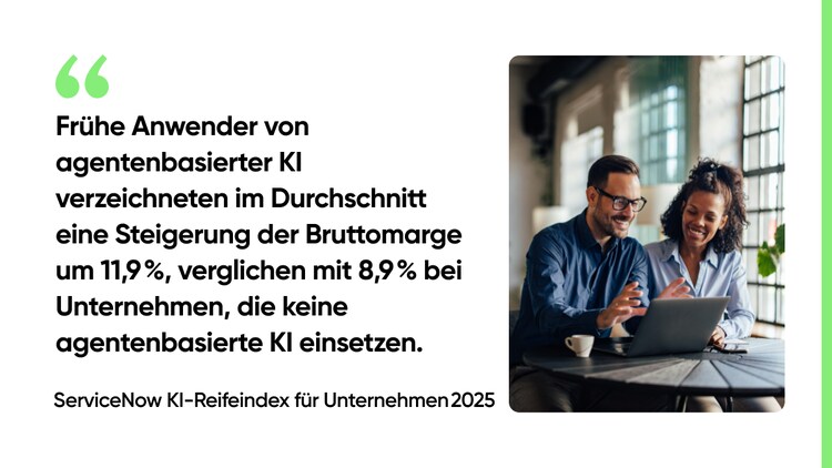 Frühe Anwender von agentenbasierter KI verzeichneten im Durchschnitt eine Steigerung der Bruttomarge um 11,9 %, verglichen mit 8,9 % bei Unternehmen, die keine agentenbasierte KI einsetzen. - ServiceNow KI-Reifeindex für Unternehmen 2025