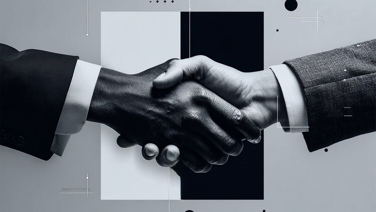 Handschlag vor einem schwarz-weißen Quadrat