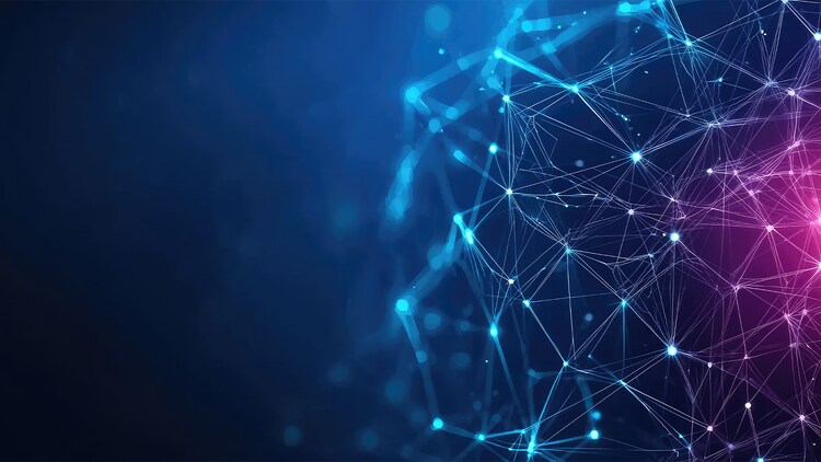 Grafik eines digitalen Netzwerks mit miteinander verbundenen Knoten und Linien in Blau- und Rosa-Tönen