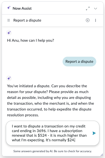 Disputes intake via Virtual Agent will prompt the customer for information, and the customer enters the information with text responses or by selecting options.