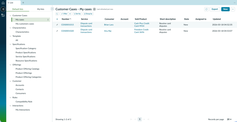 Customer Cases list view showing navigation panel with expandable sections and case records with details like number, service, consumer, and state.