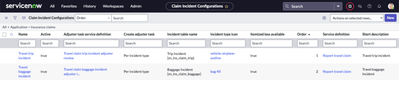 Claim Incident Configuration table in Insurance claims.