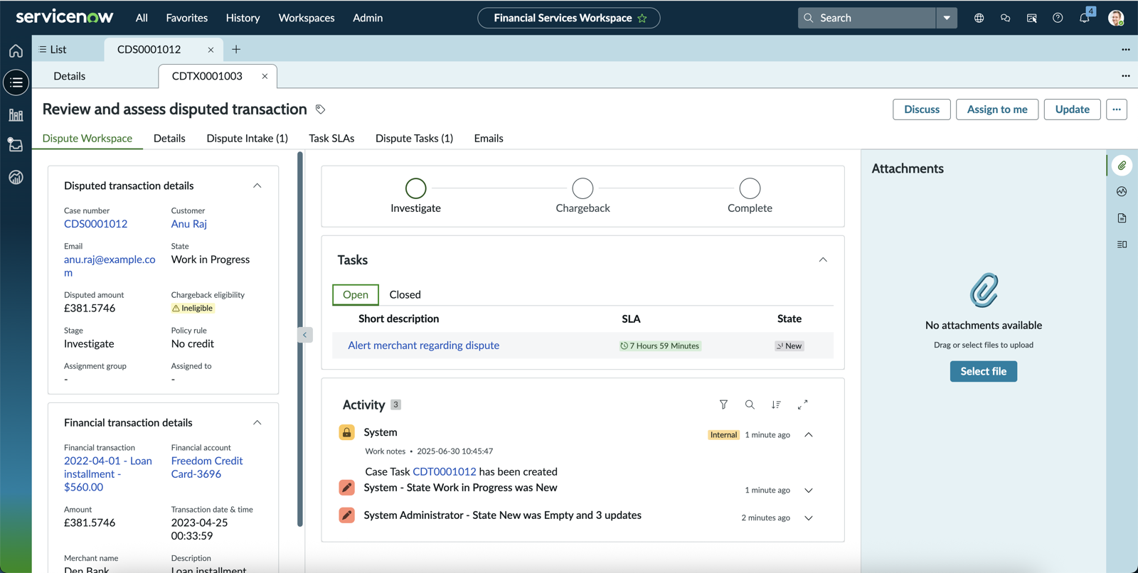 The transactions are displayed in the Dispute Workspace