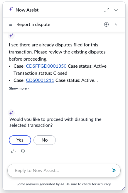 Disputes intake via Virtual Agent informing the user that there are already disputes filed for the selected transaction.