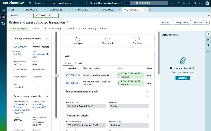 Dispute workspace displaying an ACH dispute.