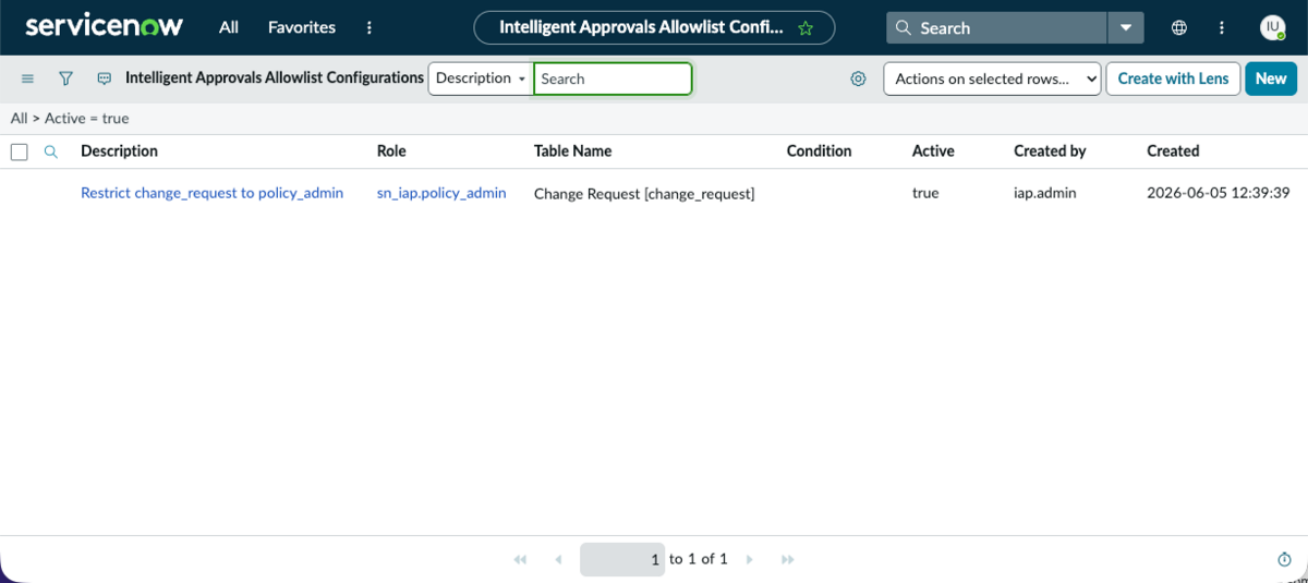 Sample allowlist configuration to restrict access to the Change Request table to policy admin users