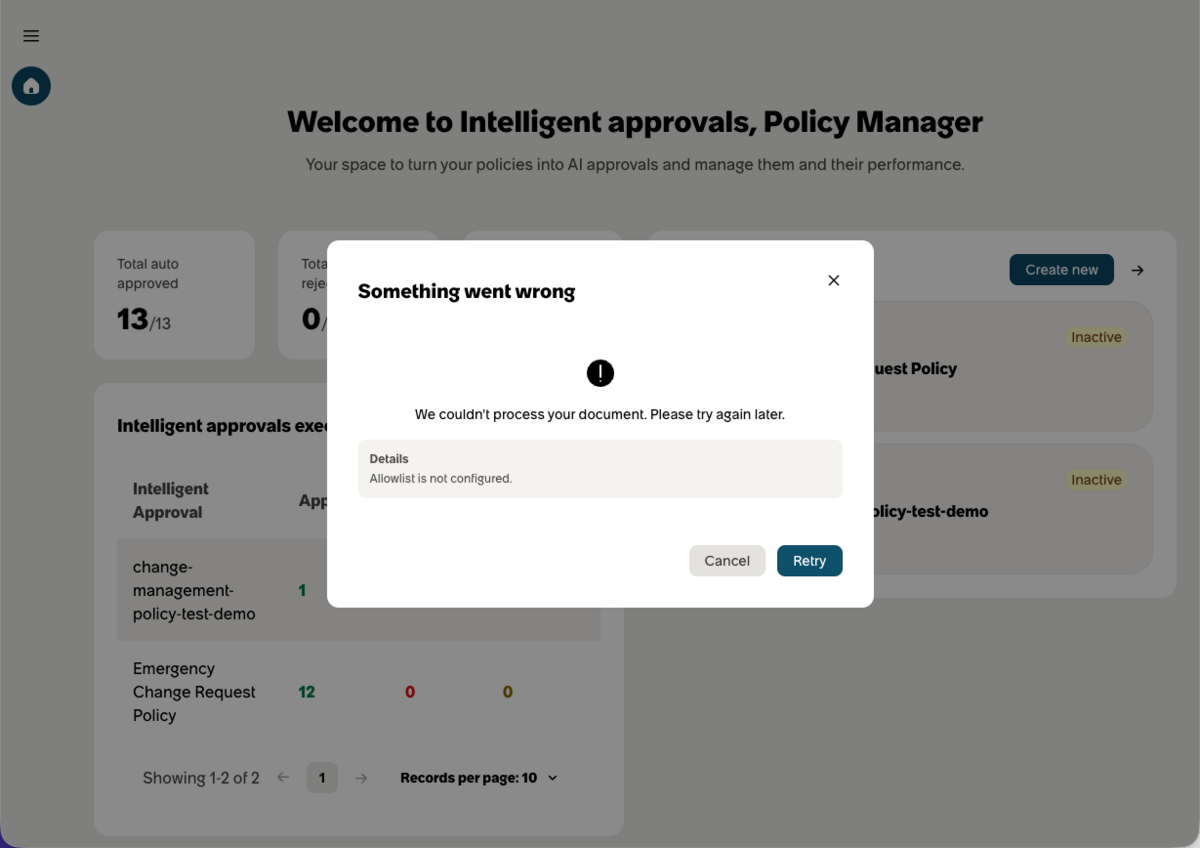Error message when creating intelligent approval