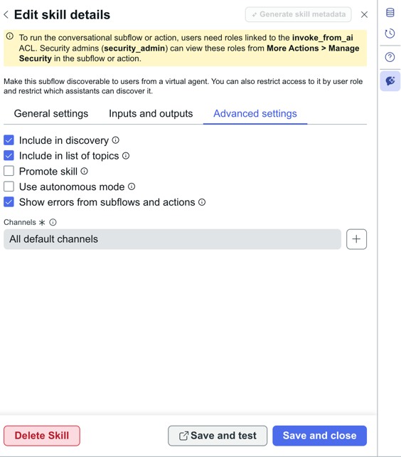 Example advanced settings for the Send SMS subflow.
