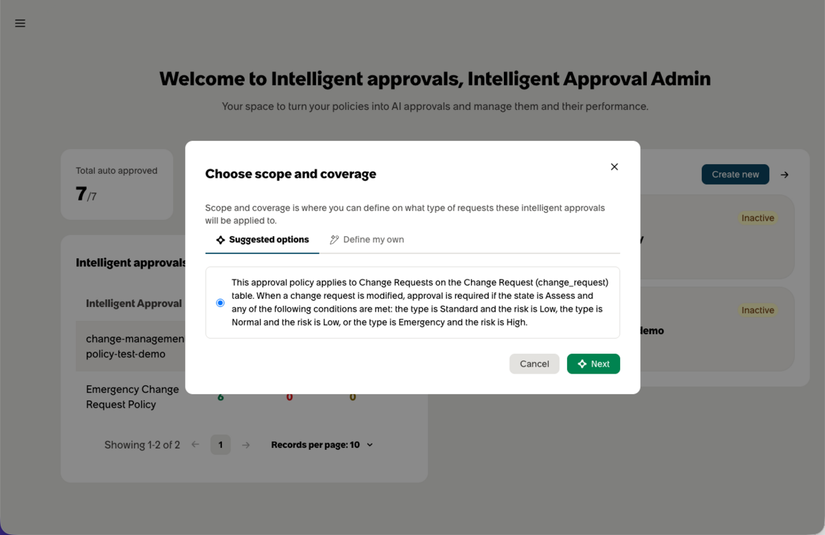 Sample Suggested options descriptive text for a Change Request policy