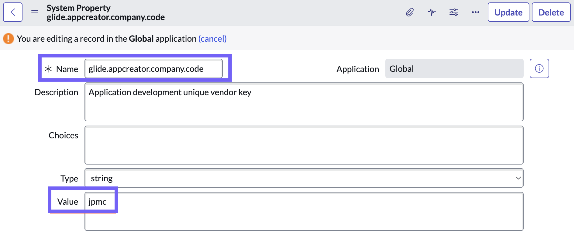 Configuring Value of glide.appcreator.company.code.