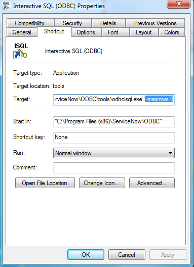iSQL ショートカットのプロパティ