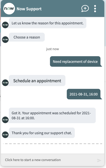 スケジュールされた予約の詳細が表示された、仮想エージェントチャットウィンドウ。