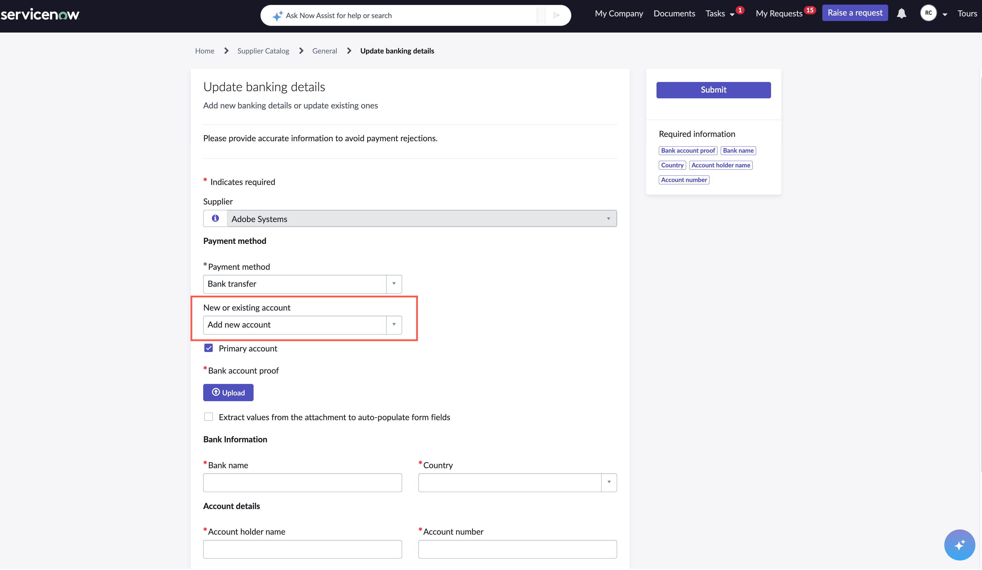 Selected option for adding a new account