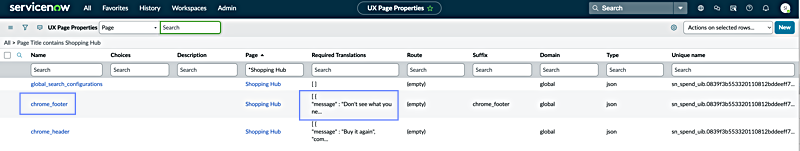 UX Page Properties list showing the configuration for the Don't see what you need button.