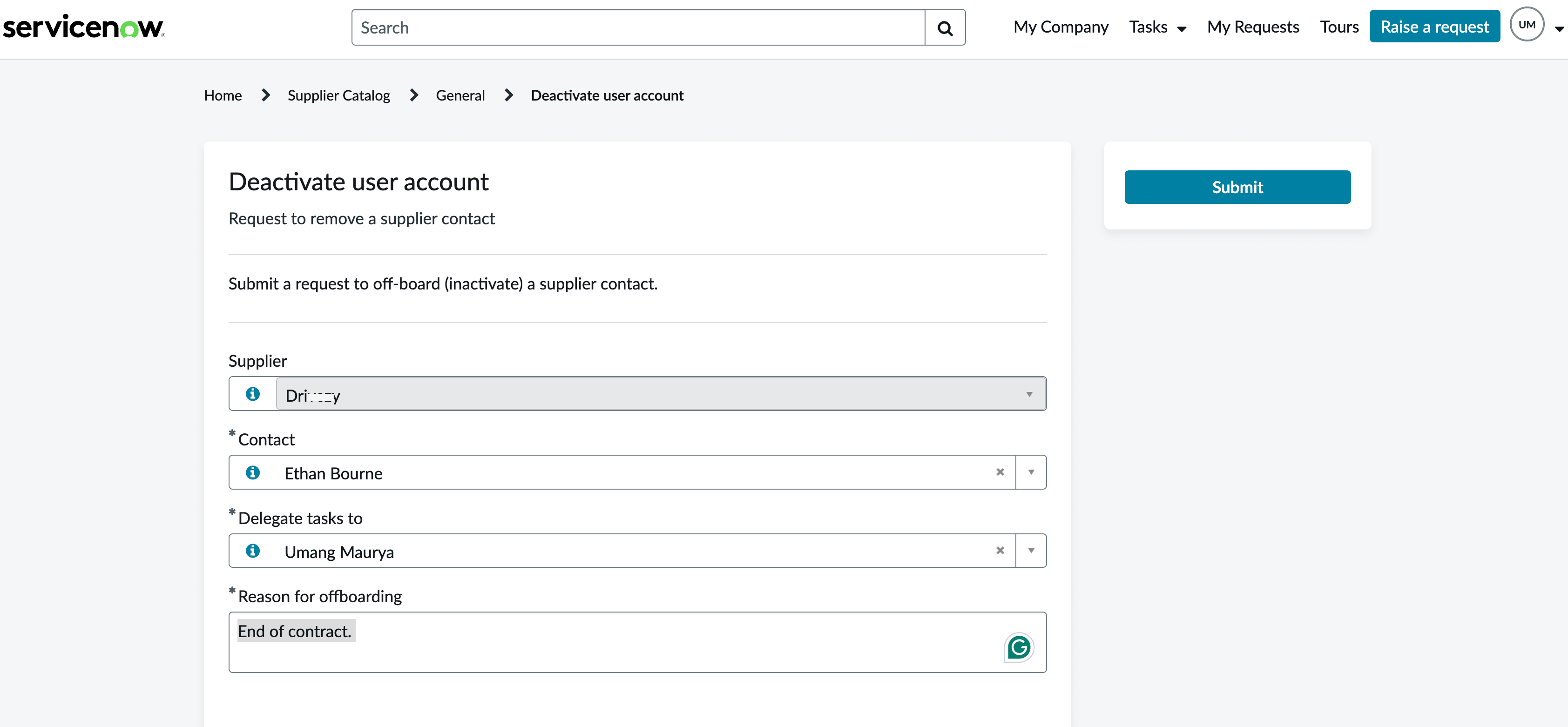 Filled-in form for deactivating a user account.