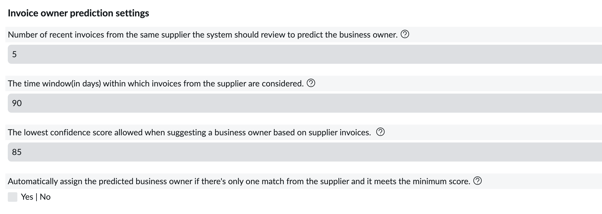 Invoice owner prediction settings-default values