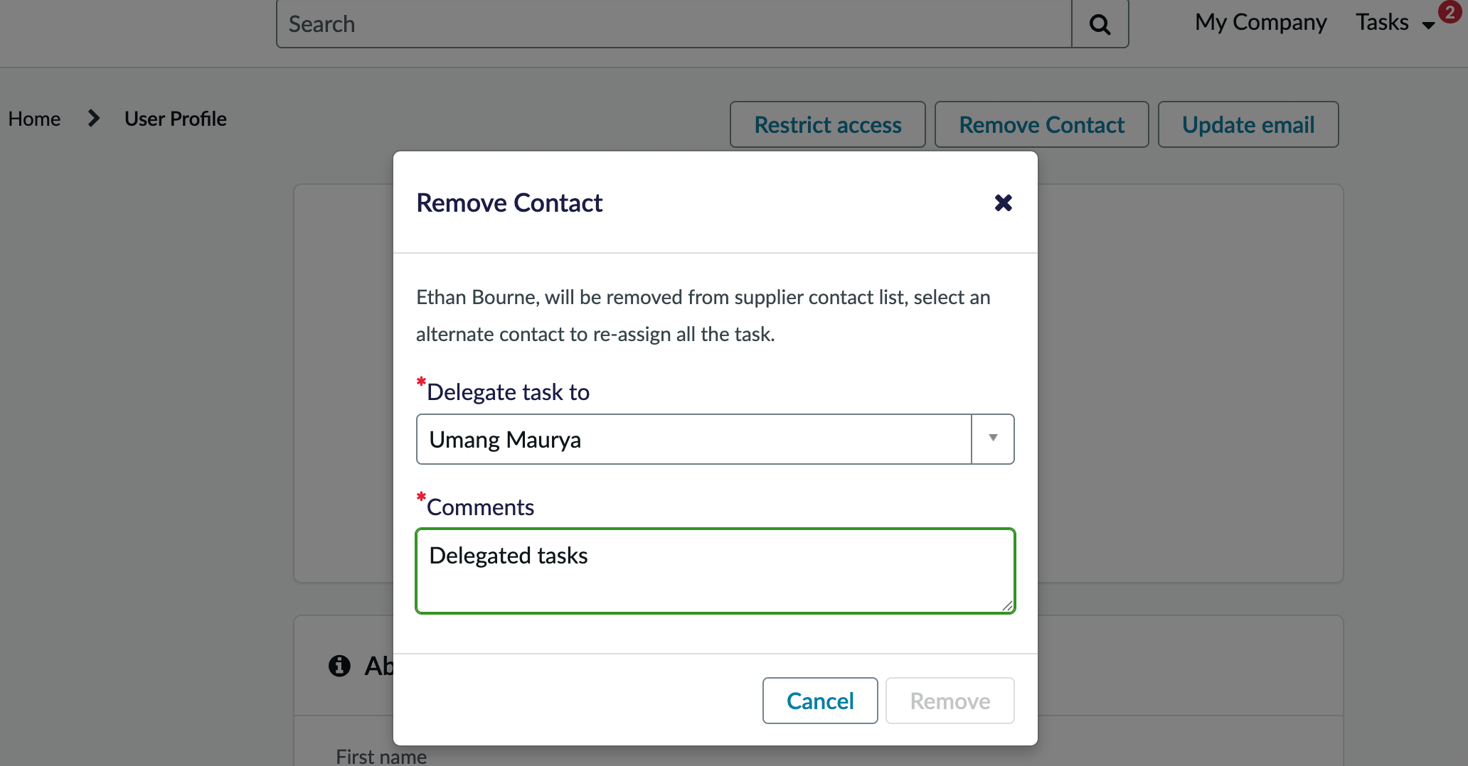 Dialog box for delegating tasks of the removed supplier contact.