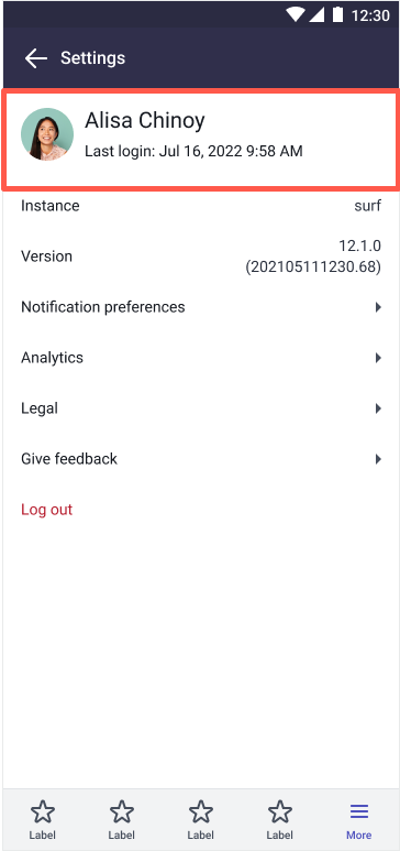 User card on the settings screen