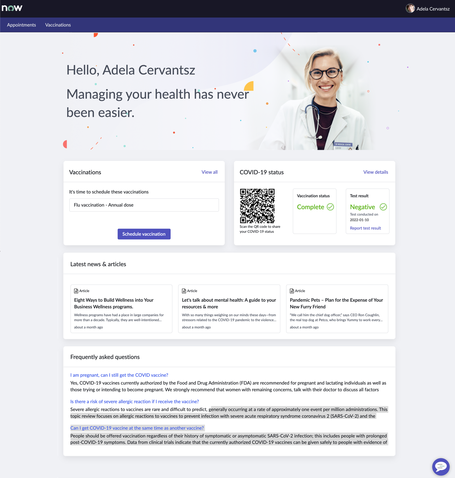 Vaccine Administration Management Zielseite des Patientenportals, das bevorstehende Impfungen, den COVID-19-Status eines Patienten, aktuelle Nachrichten und Artikel sowie häufig gestellte Fragen anzeigt.