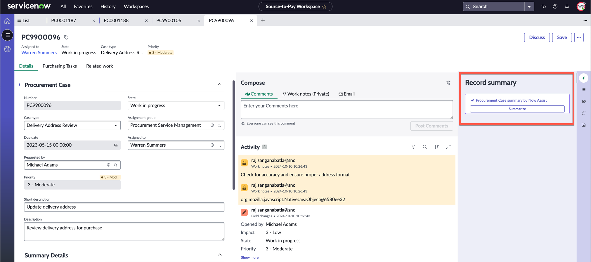 Option de synthèse qui apparaît en haut de l’enregistrement dans l’espace de travail de Source-to-Pay
