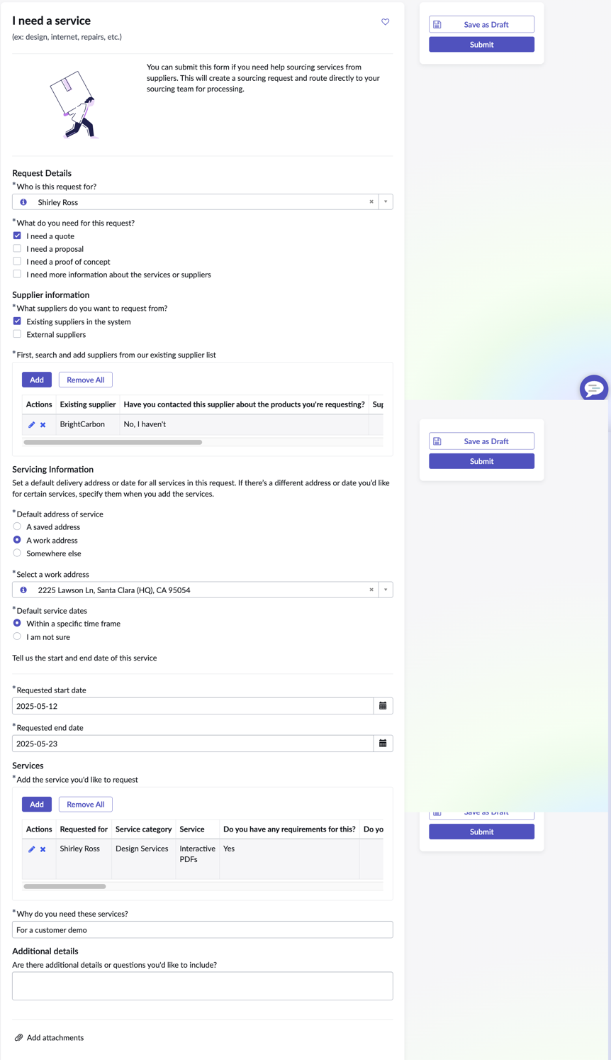 Définition des détails du service pour créer une demande d’approvisionnement.