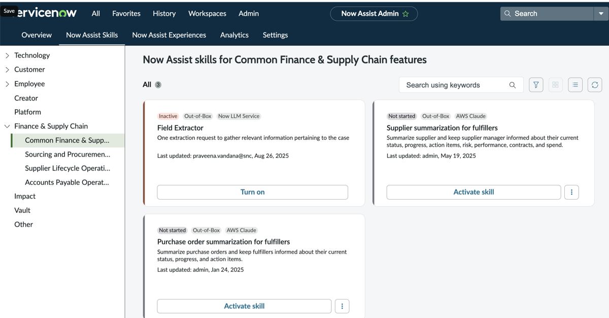 Section Compétences Now Assist pour les fonctionnalités communes de Finance et chaîne d’approvisionnement, affichant les cartes de fonctionnalités Bon de commande et Synthèse des fournisseurs pour les prestataires.