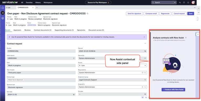Panneau latéral contextuel Analyser les contrats avec Now Assist
