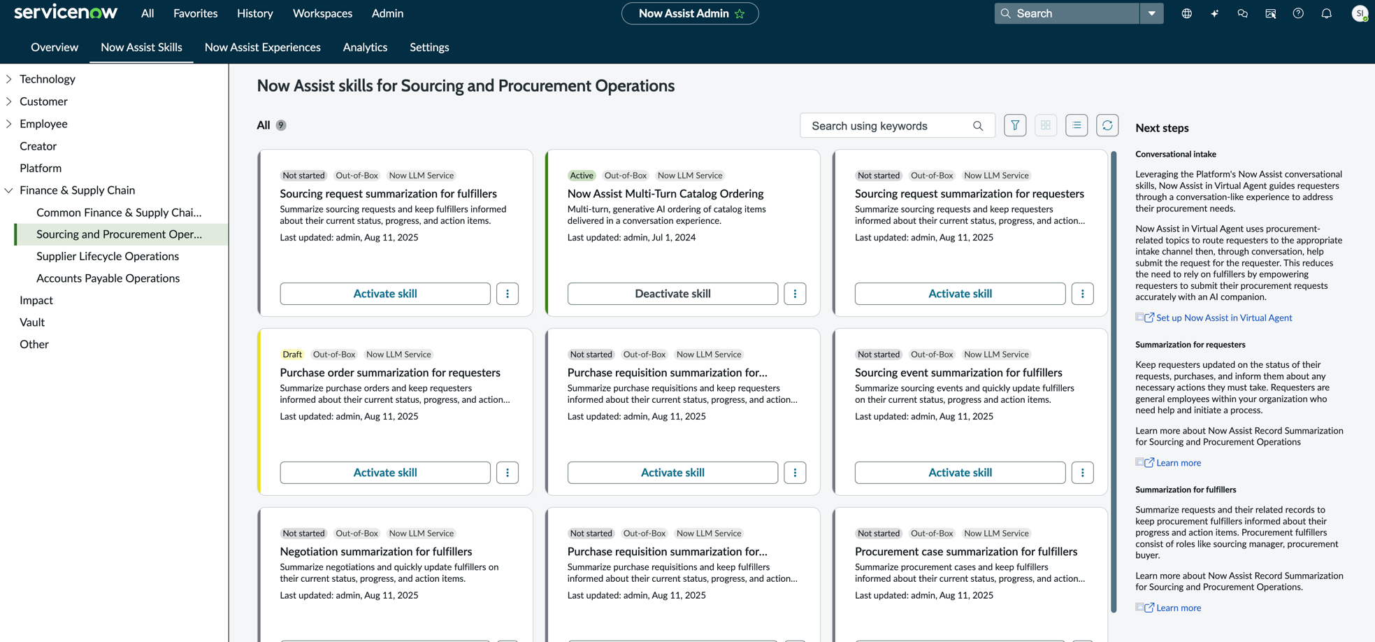 Compétences disponibles dans Now Assist pour SPO.