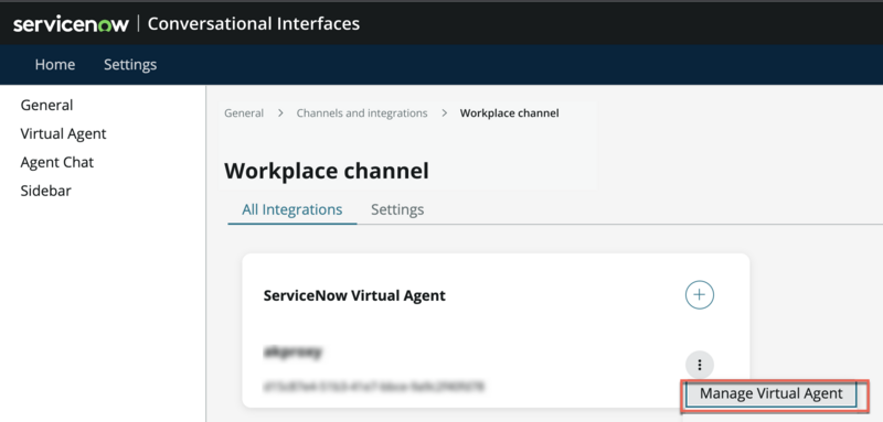 Die Option Virtual Agent verwalten wird im Menü „Bot verwalten“ für den Kanal „Arbeitsplatz“ angezeigt.