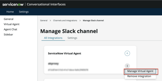 Die Option Virtual Agent verwalten wird im Menü „Bot verwalten“ für den Slack-Kanal angezeigt.