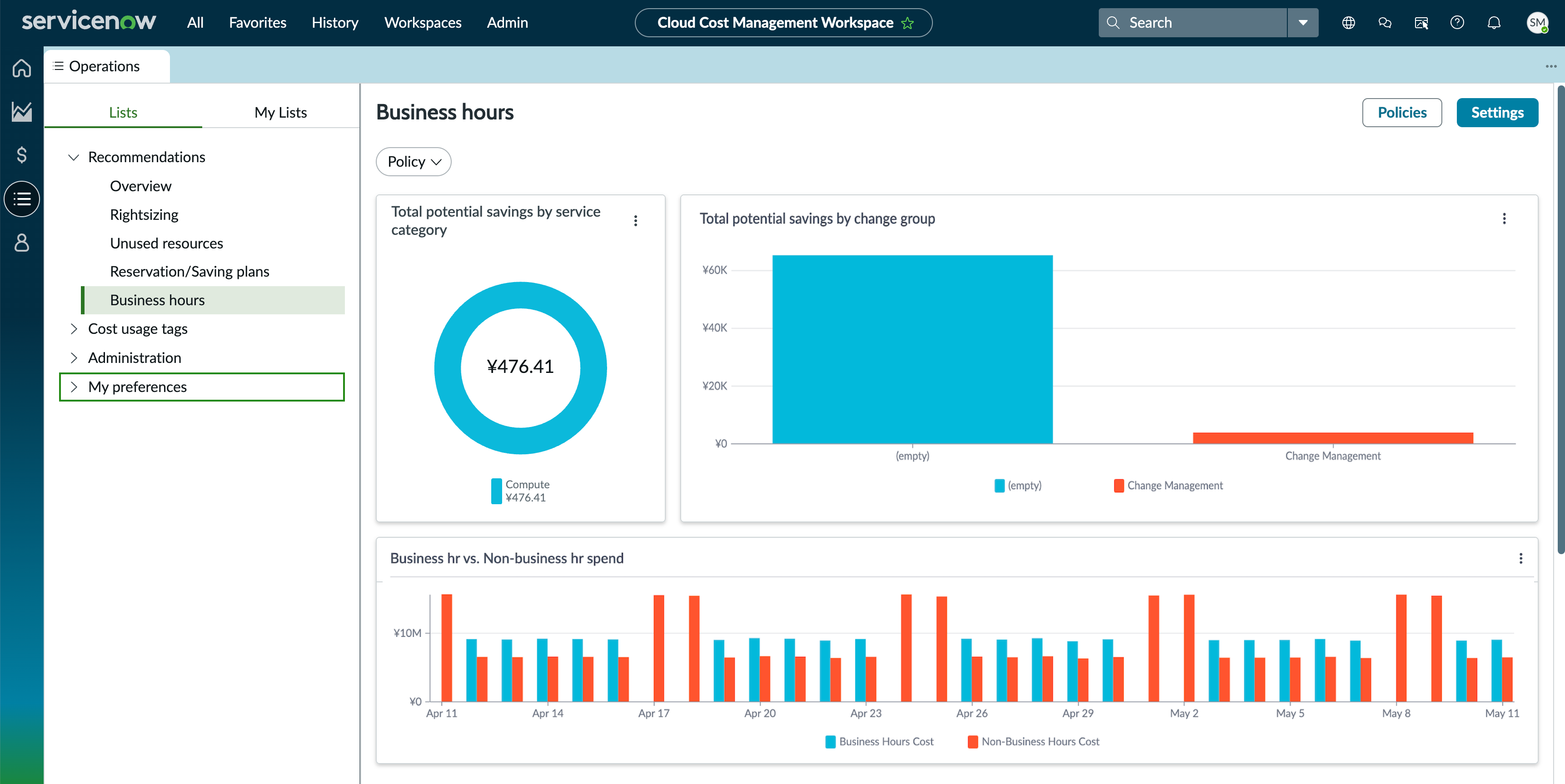 Business hours recommendations in Cloud Cost Management Workspace.