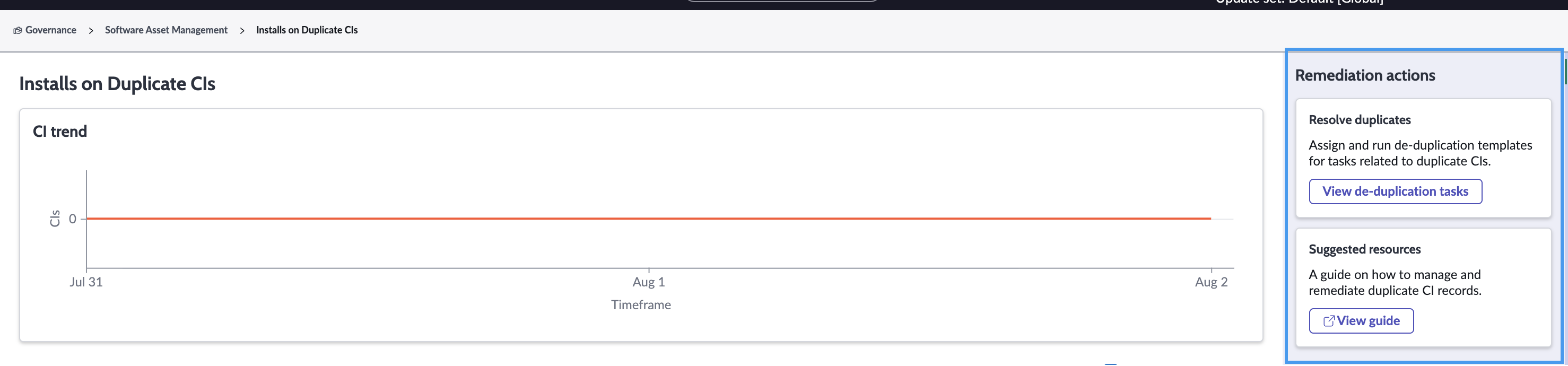 Example actions in the remediation actions panel shown for installs on duplicate CIs.