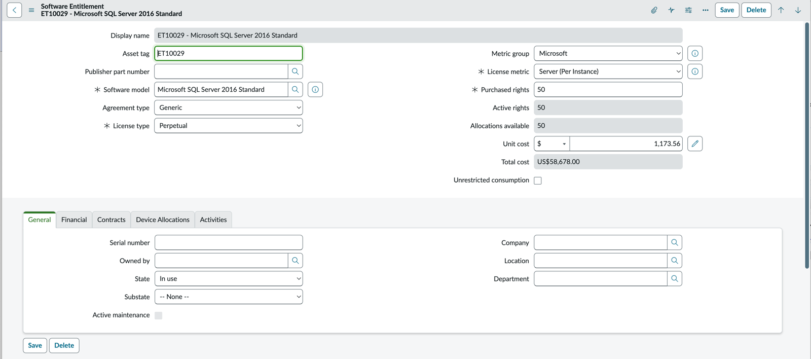 Software Entitlement form with a Perpetual License Type selected.