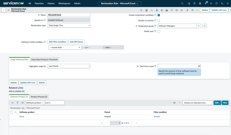 Reclamation Rule form with Excel added to the Software Product related list.