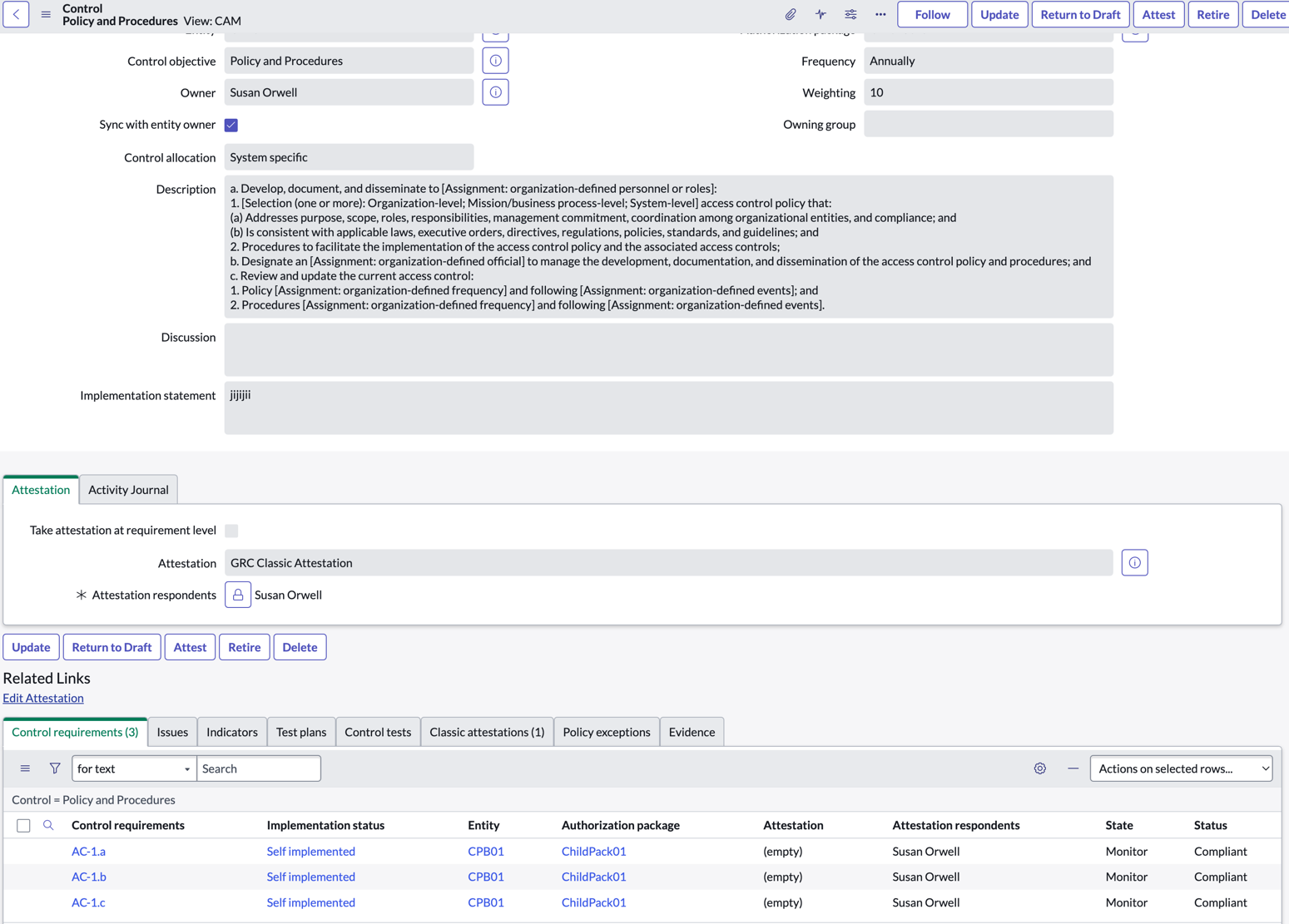 Actions de configuration d’interface utilisateur sur un contrôle lorsque le package d’autorisation est à l’état Implémenter.