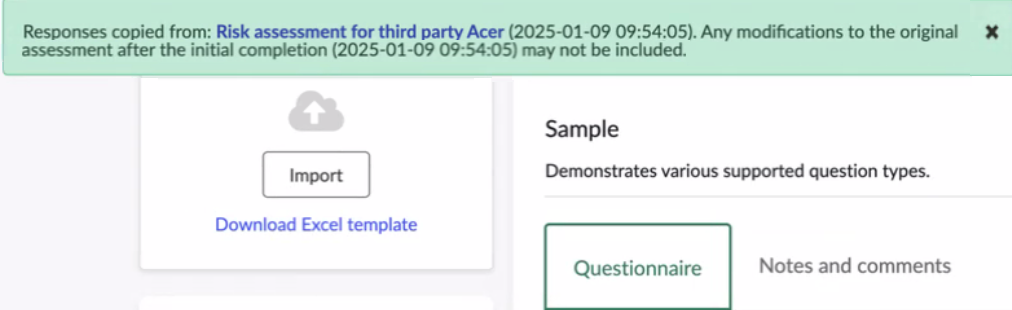 Notification indiquant que les réponses sont copiées à partir d’un questionnaire antérieur.