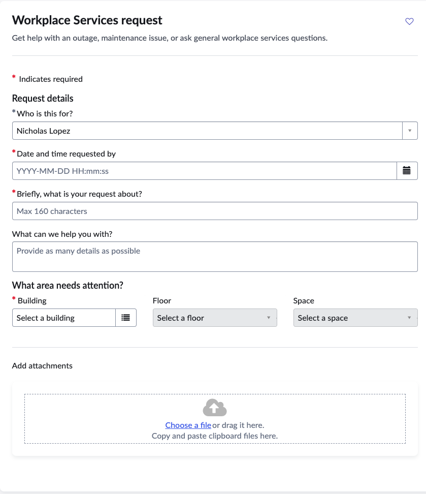Formulaire de question générale affiché pour Prestation de services de lieu de travail.