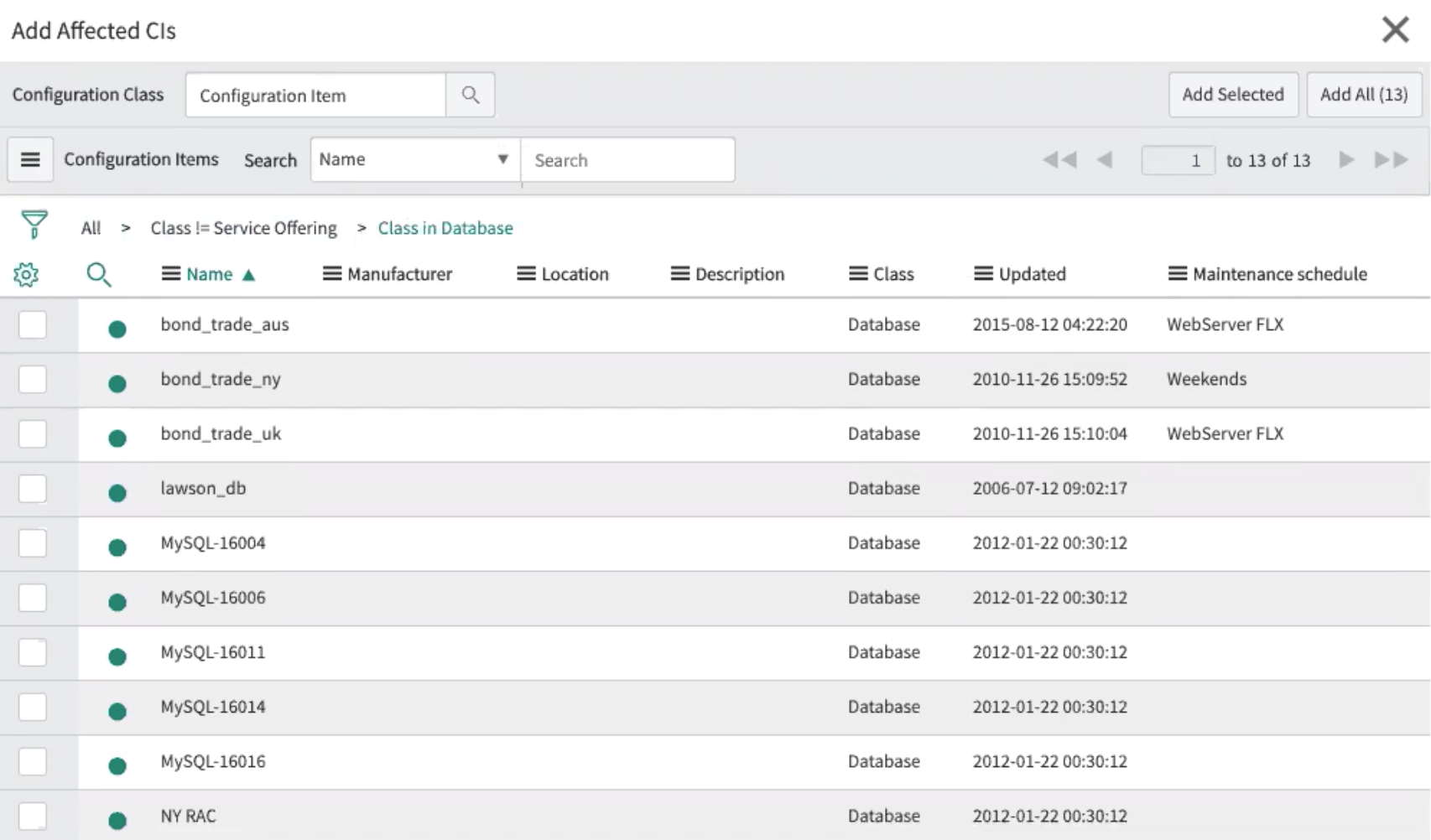 Filtro na lista relacionada de ICs afetados