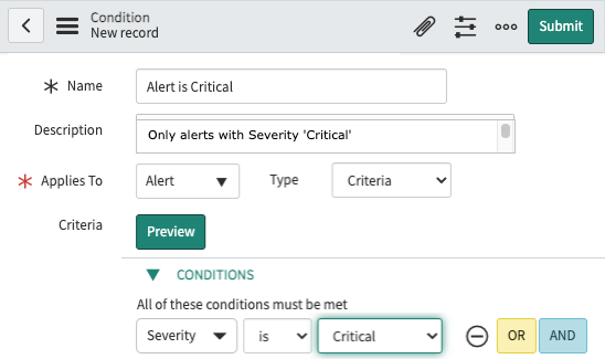 Exemplo de condição de "alertas somente críticos" mostra todas as configurações.