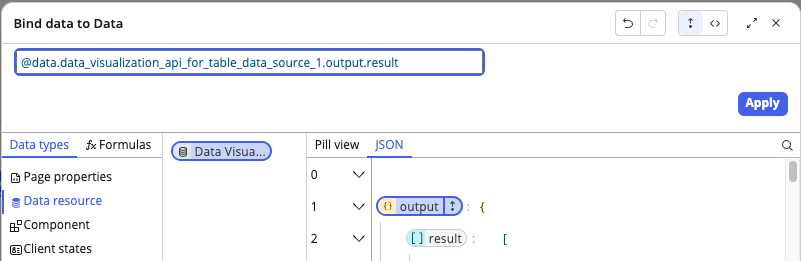 データリソースが data_visualization_api_for_table_data_source_1 にバインドされていることを示す [データをデータにバインド] ダイアログ。