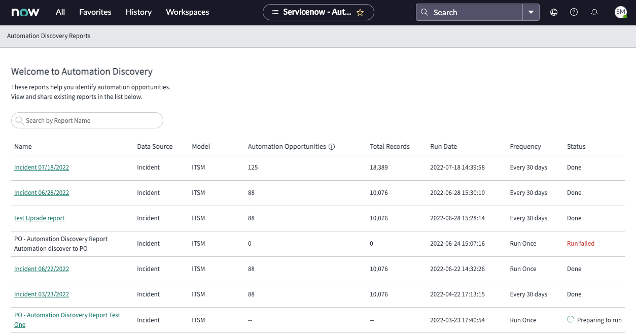 作成されたすべてのレポートを表示する Automation Discovery レポートリスト。